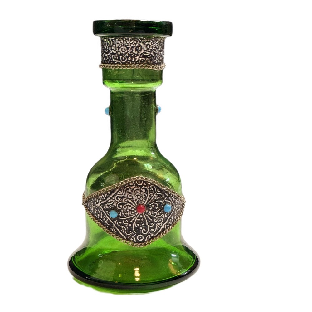 Vintage Moroccan Green Glass with Silver Tone Metal‎ & Gemstone Accents